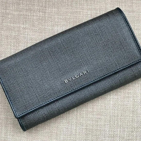 BVLGARI Clutch Bag Black Canvas Leather Long Bifold Wallet Authentic BVLGARI - Picture 1 of 12